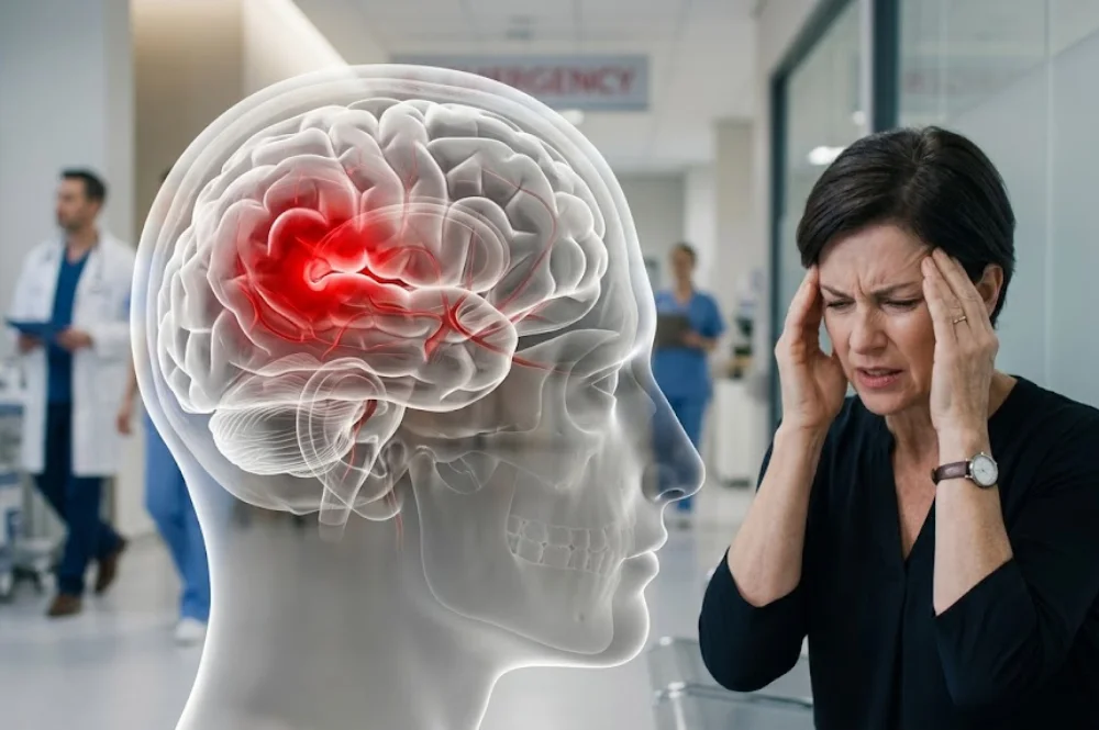 Brain hemorrhage illustration showing bleeding in the brain with a patient in pain inside a hospital setting.