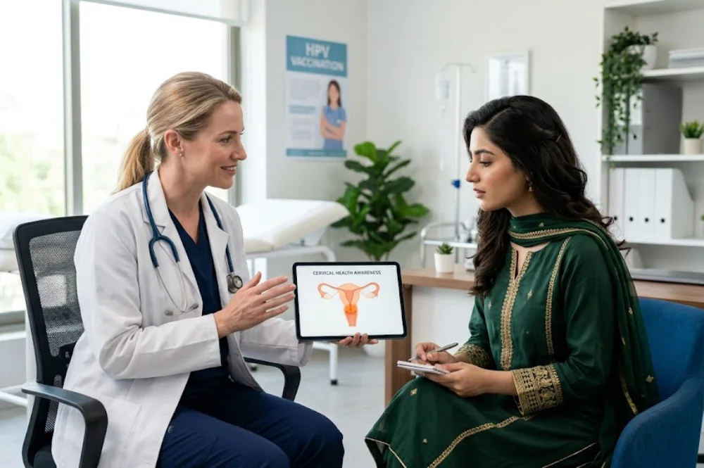 Female gynecologist explaining cervical cancer awareness to patient in hospital consultation room.