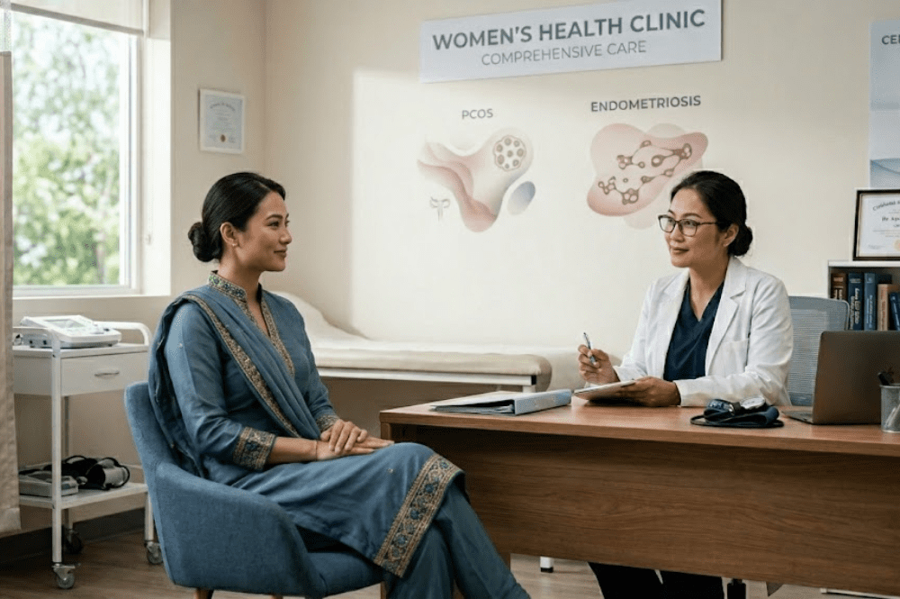 Gynaecologist consulting a female patient in a modern hospital about women’s health, PCOS and endometriosis care.